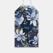 Navy Blue & Gold Elegant Moderne Waterverf Floral Cadeaulabel (Achterkant)