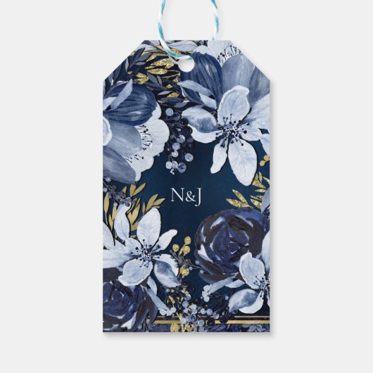 Navy Blue & Gold Elegant Moderne Waterverf Floral Cadeaulabel (Achterkant)