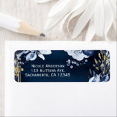 Navy Blue & Gold Elegant Moderne Waterverf Floral Etiket (Insitu)