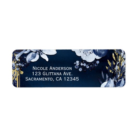 Navy Blue & Gold Elegant Moderne Waterverf Floral Etiket (Voorkant)