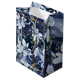 Navy Blue & Gold Elegant Moderne Waterverf Floral Medium Cadeauzakje