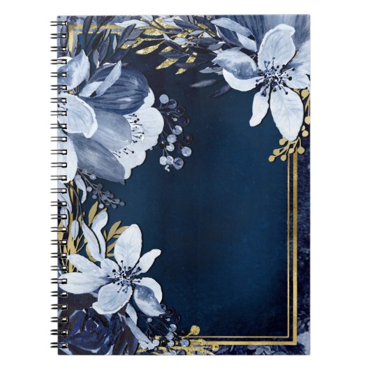 Navy Blue & Gold Elegant Moderne Waterverf Floral Notitieboek (Voorkant)