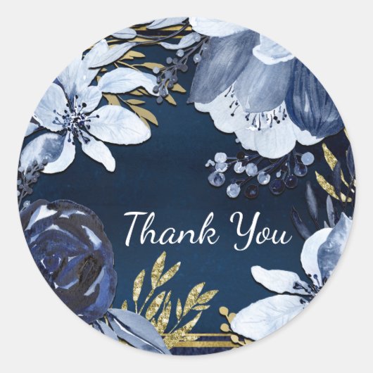 Navy Blue & Gold Elegant Moderne Waterverf Floral Ronde Sticker (Voorkant)