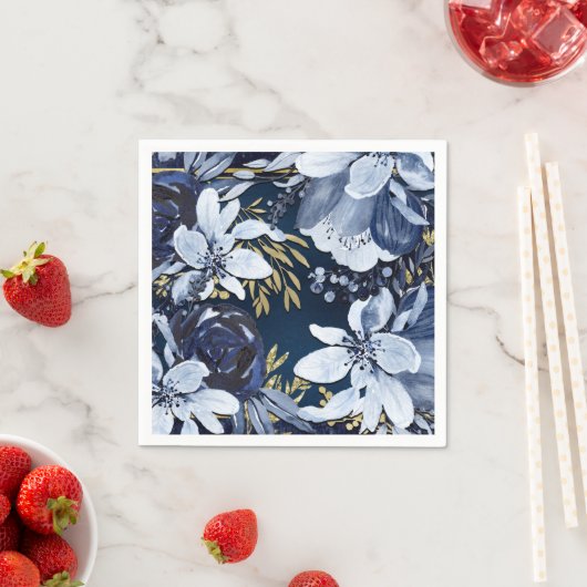 Navy Blue & Gold Elegant Moderne Waterverf Floral Servet (Insitu)