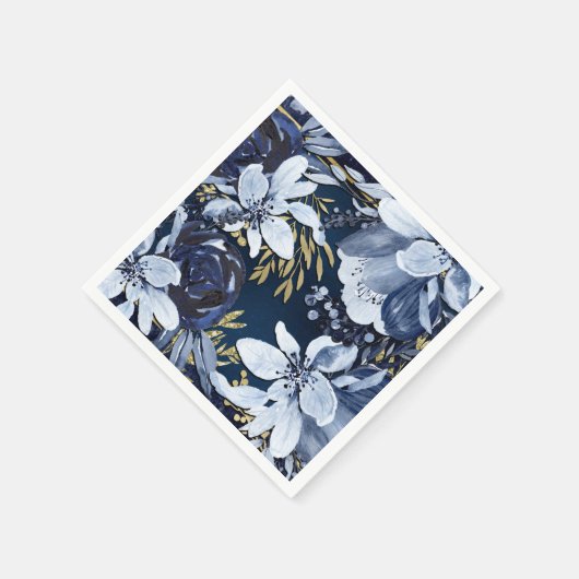 Navy Blue & Gold Elegant Moderne Waterverf Floral Servet (Hoek)
