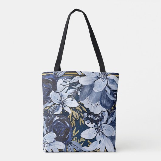 Navy Blue & Gold Elegant Moderne Waterverf Floral Tote Bag (Achterkant)