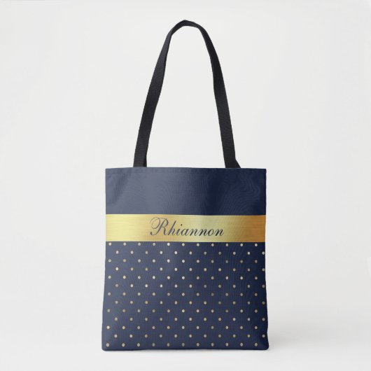 Navy Blue Gold Elegant Patterned Monogrammed Tote Bag (Voorkant)