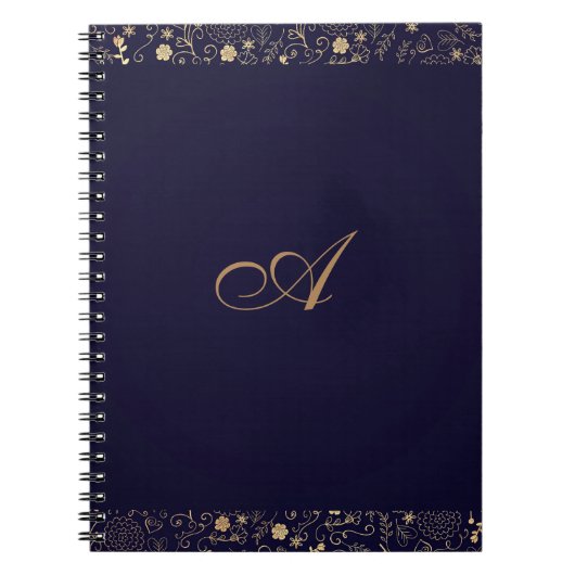 Navy Blue & Gold Elegant Rustic Floral Folie Notitieboek (Voorkant)