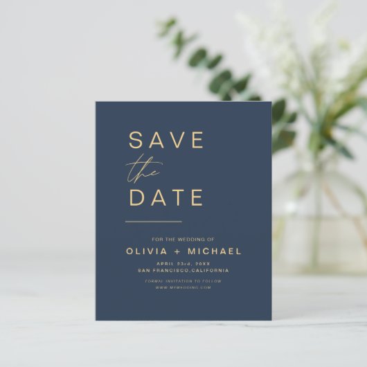 Navy Blue Gold Elegant Save the Date Minimalist (Staand voorkant)