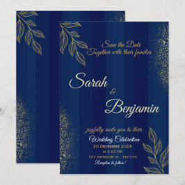 Navy Blue Gold Elegant Wedding Invitation Kaart