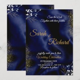 Navy Blue Gold Elegant Wedding Invitation Kaart