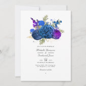Navy Blue, Gold en Paarse  Floral Wedding Kaart (Voorkant)