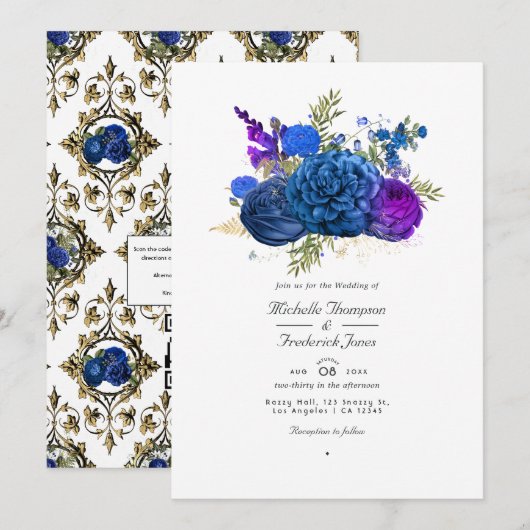 Navy Blue, Gold en Paarse  Floral Wedding Kaart (Voorkant / Achterkant)