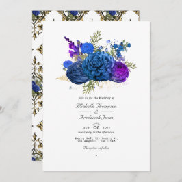 Navy Blue, Gold en Paarse  Floral Wedding Kaart