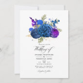 Navy Blue, Gold en Paarse  Floral Wedding Kaart (Voorkant)