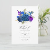 Navy Blue, Gold en Paarse  Floral Wedding Kaart (Staand voorkant)
