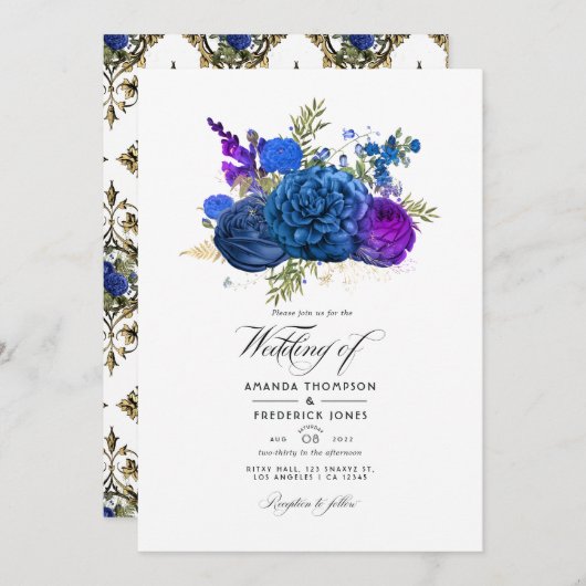 Navy Blue, Gold en Paarse  Floral Wedding Kaart (Voorkant / Achterkant)