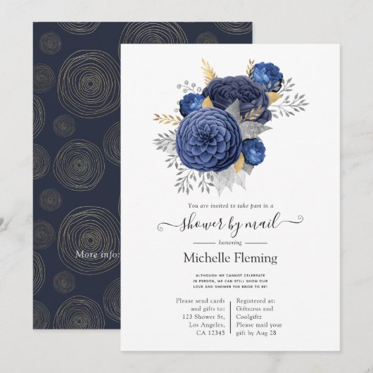 Navy Blue, Gold en Silver Floral Shower per Mail Kaart (Voorkant / Achterkant)