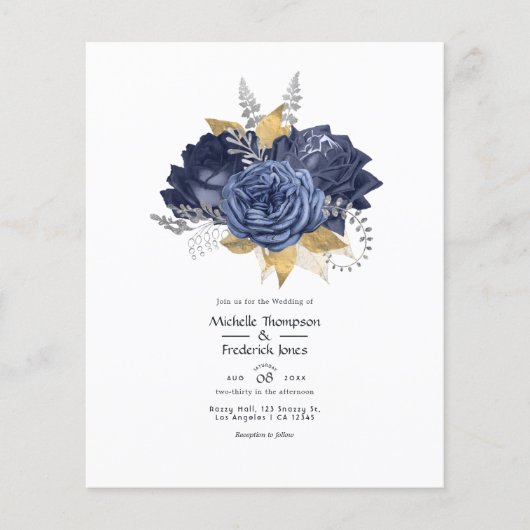 Navy Blue, Gold en Silver Floral Wedding Flyer (Voorkant)