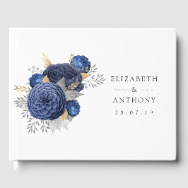 Navy Blue, Gold en Silver Floral Wedding Gastenboek