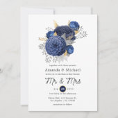 Navy Blue, Gold en Silver Floral Wedding Kaart (Voorkant)