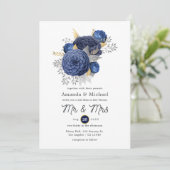 Navy Blue, Gold en Silver Floral Wedding Kaart (Staand voorkant)