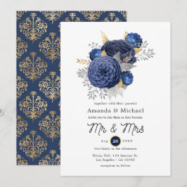 Navy Blue, Gold en Silver Floral Wedding Kaart