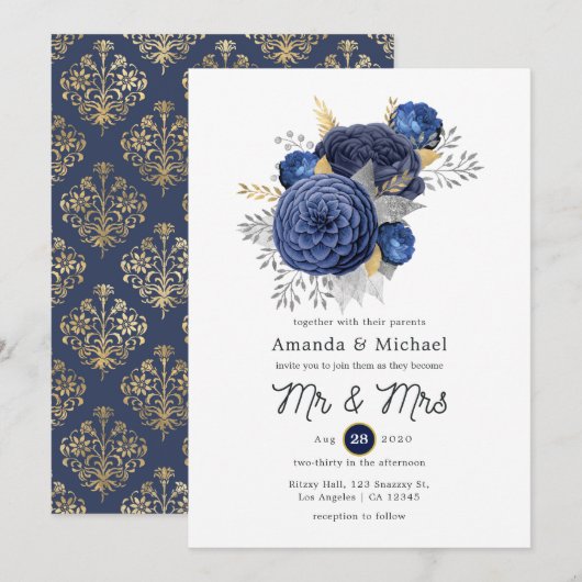 Navy Blue, Gold en Silver Floral Wedding Kaart (Voorkant / Achterkant)