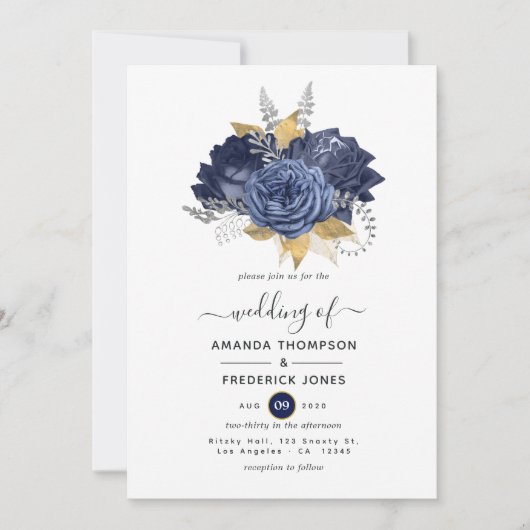 Navy Blue, Gold en Silver Floral Wedding Kaart (Voorkant)
