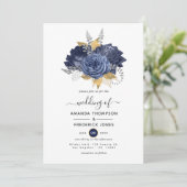 Navy Blue, Gold en Silver Floral Wedding Kaart (Staand voorkant)