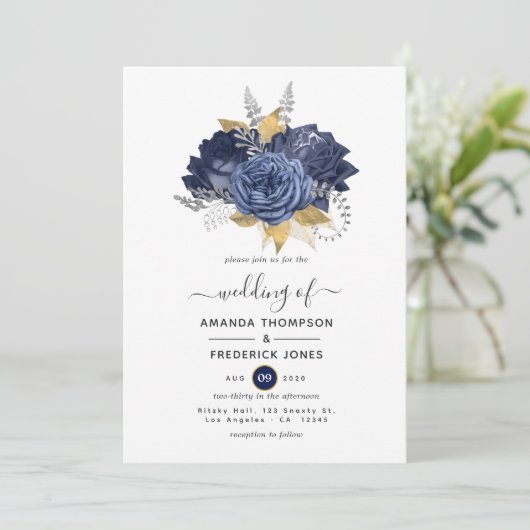 Navy Blue, Gold en Silver Floral Wedding Kaart (Staand voorkant)