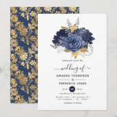 Navy Blue, Gold en Silver Floral Wedding Kaart (Voorkant / Achterkant)