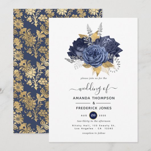 Navy Blue, Gold en Silver Floral Wedding Kaart (Voorkant / Achterkant)