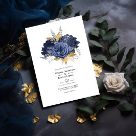 Navy Blue, Gold en Silver Floral Wedding Kaart
