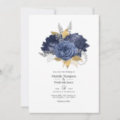 Navy Blue, Gold en Silver Floral Wedding Kaart (Voorkant)