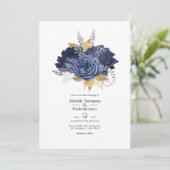 Navy Blue, Gold en Silver Floral Wedding Kaart (Staand voorkant)
