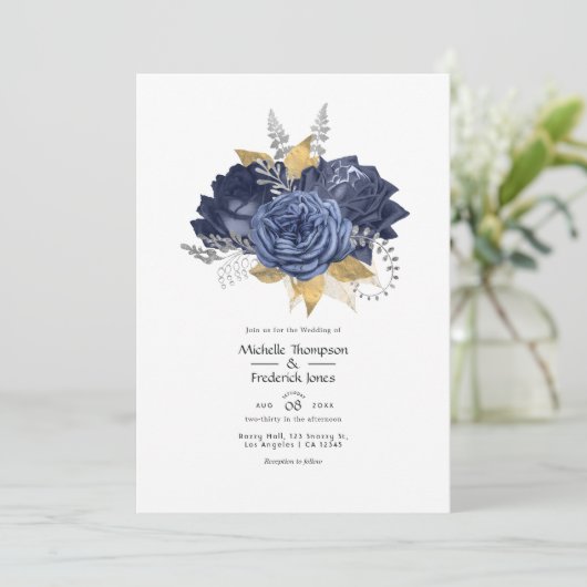 Navy Blue, Gold en Silver Floral Wedding Kaart (Staand voorkant)