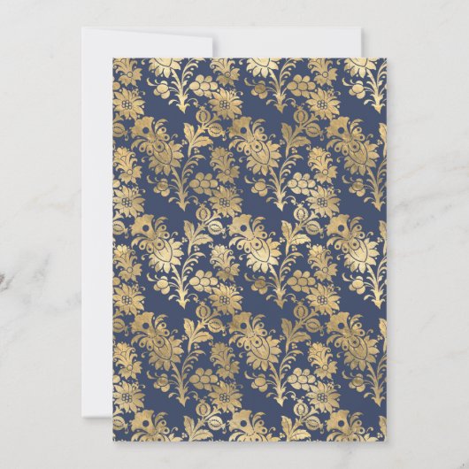 Navy Blue, Gold en Silver Floral Wedding Kaart (Achterkant)