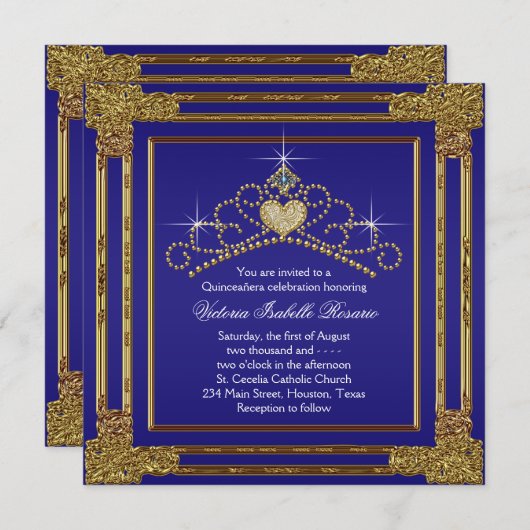 Navy Blue Gold en Tiara Sweet 15 Quinceanera Kaart (Voorkant / Achterkant)