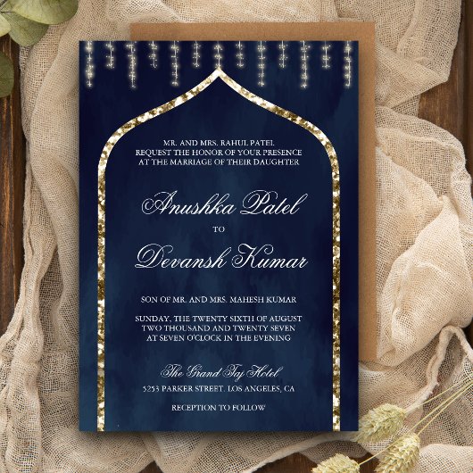 Navy Blue Gold Ethnic Indian Arch Wedding Kaart