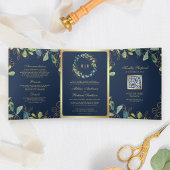 Navy Blue Gold Eucalyptus Wreath QR Code Weddensch Drieluik Uitnodiging