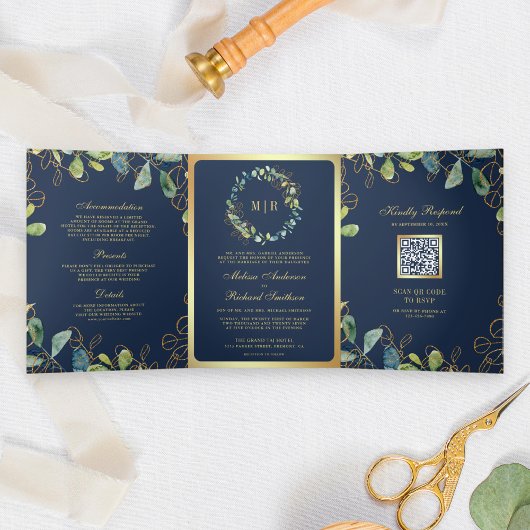 Navy Blue Gold Eucalyptus Wreath QR Code Weddensch Drieluik Uitnodiging