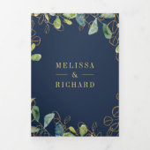 Navy Blue Gold Eucalyptus Wreath QR Code Weddensch Drieluik Uitnodiging (Cover)