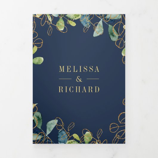 Navy Blue Gold Eucalyptus Wreath QR Code Weddensch Drieluik Uitnodiging (Cover)