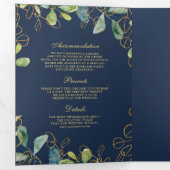 Navy Blue Gold Eucalyptus Wreath QR Code Weddensch Drieluik Uitnodiging (Binnenzijde eerst)