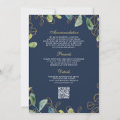 Navy Blue Gold Eucalyptus Wreath QR Code Weddensch Kaart (Achterkant)