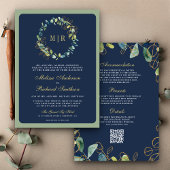 Navy Blue Gold Eucalyptus Wreath QR Code Weddensch Kaart