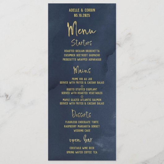 Navy Blue & Gold Fancy Calligraphy Script Wedding Menu (Voorkant)