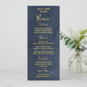 Navy Blue & Gold Fancy Calligraphy Script Wedding Menu (Staand voorkant)
