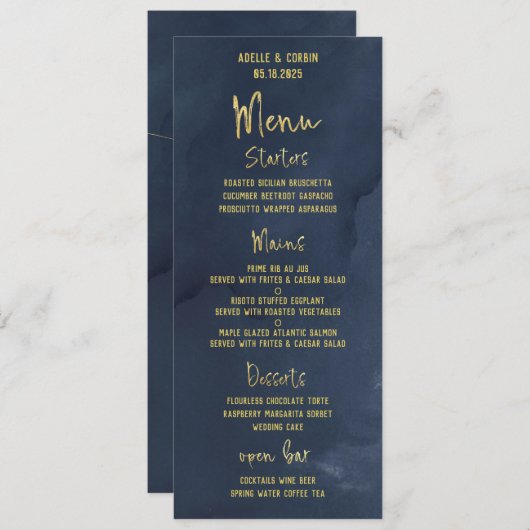 Navy Blue & Gold Fancy Calligraphy Script Wedding Menu (Voorkant / Achterkant)